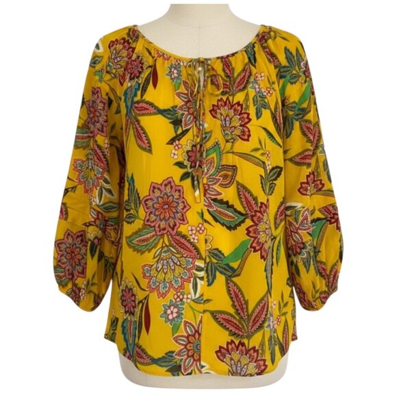 Johnny Was Silk Anka Floral Paisley Peasant Blouse Yellow Multi Boho S - Picture 1 of 8